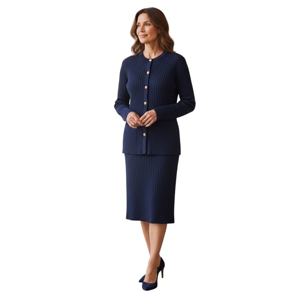 St. John Collection Dress Jacket Set Womens 10 12 Navy Ribbed Knit Gold Buttons - Picture 1 of 16